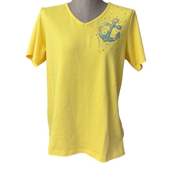 Quacker Factory Anchor Top Women's Size Small Yellow Beaded Cruise Wear Beach - Picture 2 of 5